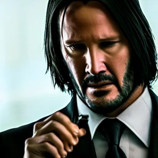 Image similar to cinematic still of John Wick reading the Bible in John Wick (2009). shallow depth of field, cinematic