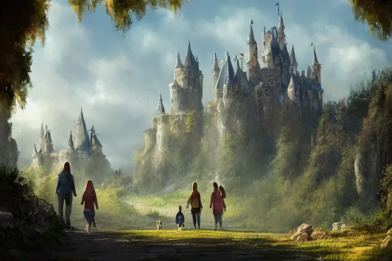 Prompt: a family walks through a fantasy landscape with a gigantic castle in the background, Artstation