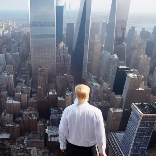 Image similar to trump in the top of world trade center ready to give a speech, ny, cinematic, photography