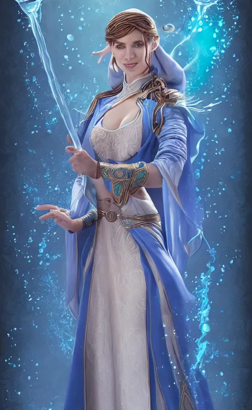 Image similar to elf female sorcerer doing water magic spells, blue robes, exquisite details, full body character design on a white background, by studio muti