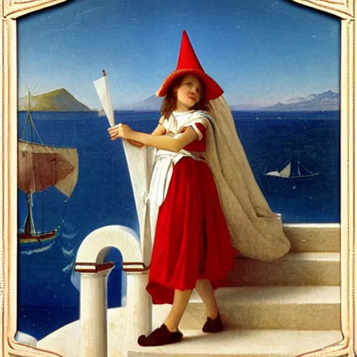 Image similar to A girl with jester hat and clothes on a greek archi circle on the front of a Balustrade with a beach and a sail boat on the background, major arcana cards, by paul delaroche, hyperrealistic 8k, very detailed