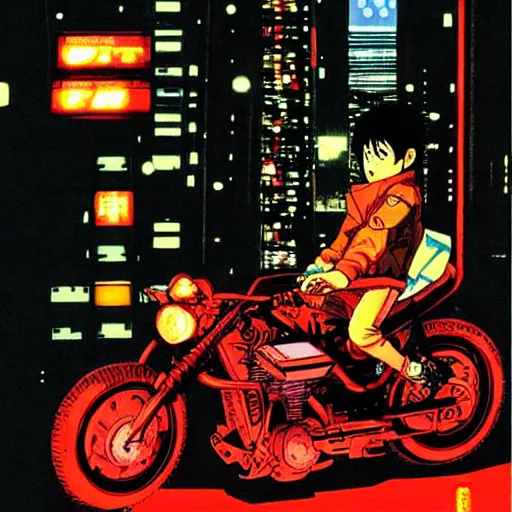 Prompt: kaneda on his bike in neo tokyo looking for akira, night, neon lights, speed, art by katsuhiro otomo