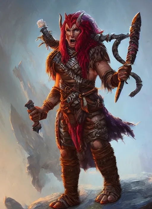 Image similar to tiefling barbarian, ultra detailed fantasy, dndbeyond, bright, colourful, realistic, dnd character portrait, full body, pathfinder, pinterest, art by ralph horsley, dnd, rpg, lotr game design fanart by concept art, behance hd, artstation, deviantart, hdr render in unreal engine 5