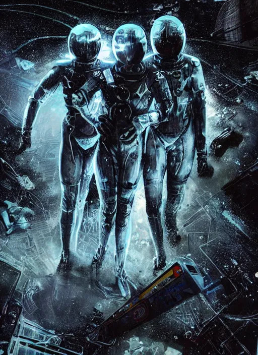 Image similar to astronauts in dark void underwater - complex and hyperdetailed technical suit. reflection and dispersion materials. rays and dispersion of light. volumetric light. f / 3 2. noise film photo. flash photography. ultra realistic, wide angle. poster by wayne barlowe, hajime sorayama aaron horkey, craig mullins