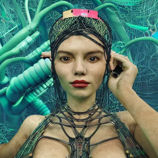 Image similar to swimming deeper into the multiverse, piles of modular synth cables mixed with mangrove roots, kawaii puerto rican goddess chilling out wearing a headpiece made of circuit boards, by cameron gray, wlop, stanley kubrick, masamune, hideki anno, jamie hewlett, unique perspective, trending on artstation, 3 d render, vivid