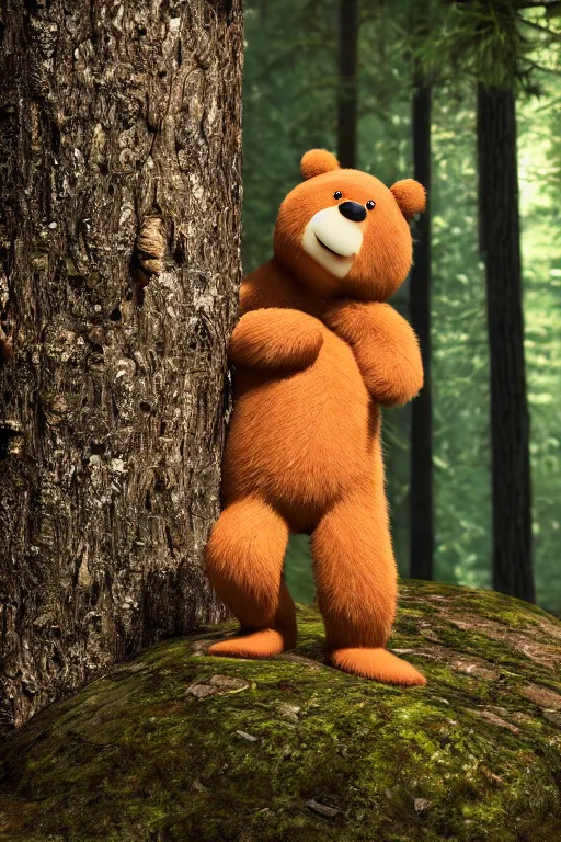 Prompt: cinematic shot of a cute anthropomorphic bear standing in the forest with his hands on his waist by greg rutowski and his face by pixar with a warm smile and big green eyes,, 8 k, masterpiece