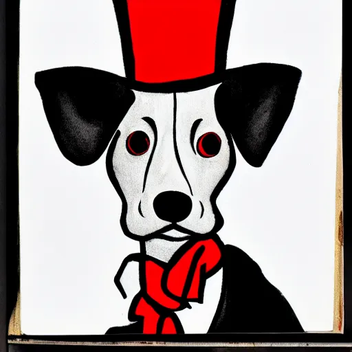 Image similar to portrait of a dog wearing a suit and a top hat and a monocle on one eye, hand drawing, red and black colors