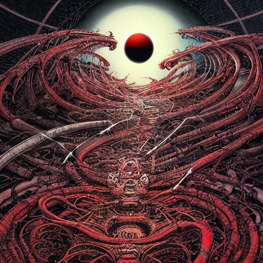 Prompt: the red sun, cosmic horror, an ultrafine detailed painting by ian miller and android jones, pigmented inks