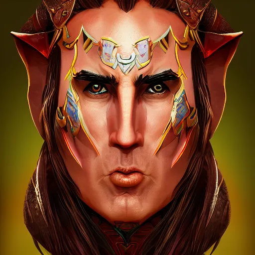 Image similar to elf warrior with the face of nick cage, d & d style, trending on artstation, colorful, intricate, art by kev chan