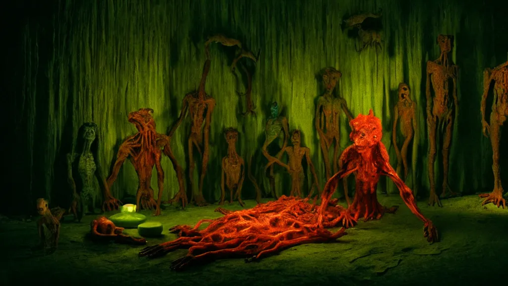 Image similar to the creature in the basement, made of glowing wax and ceramic, surrounded by animals, film still from the movie directed by denis villeneuve and david cronenberg with art direction by salvador dali and zdzisław beksinski, wide lens