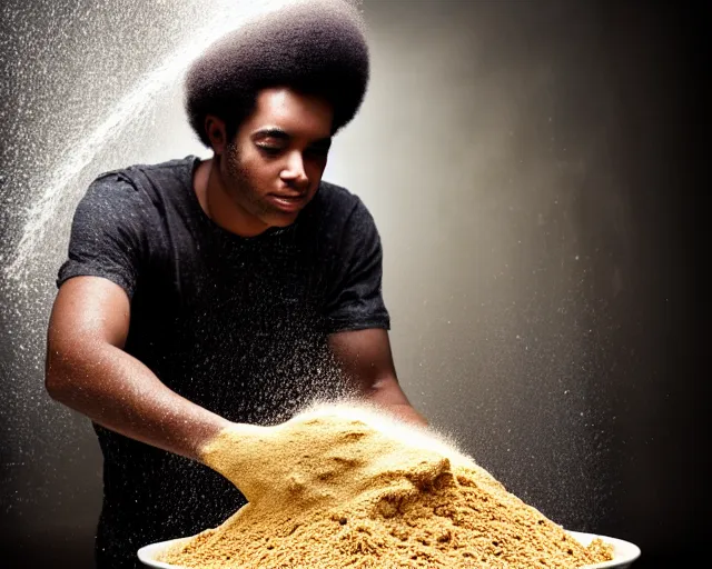 Image similar to A man with an afro mixes flour and oil then pours it down the drain, dynamic lighting, photograph