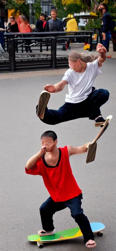 Prompt: kung - fu guy heaving breakfast on a skateboard made in lego