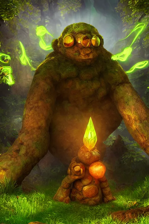 Image similar to arcane fantasy art giant golem elemental wood rock bastion forged gemstone enchanted forest troll, global illumination ray tracing hdr fanart arstation by sung choi and eric pfeiffer and gabriel garza and casper konefal lisa frank zbrush central hardmesh radiating a glowing aura