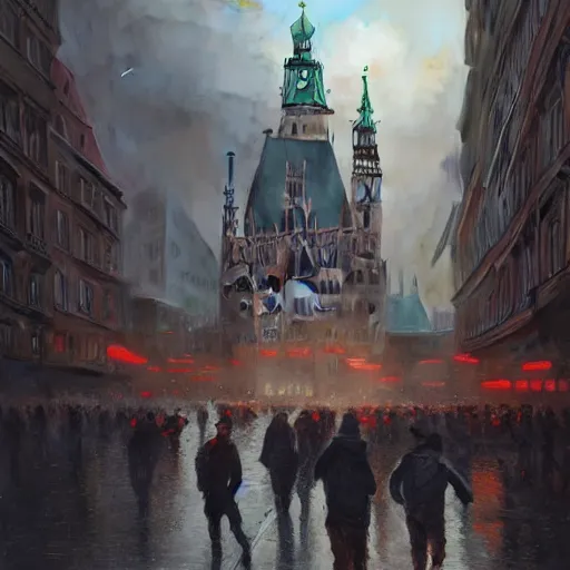 Image similar to , city of munich!!!, huge bright spot falling from the skies!!!, people running in panic!!, hyperrealistic, highly detailed, cinematic, daylight, beautiful, cgssociety, artstation, 8 k, oil painting by greg rutkowski, by artgerm, by wlop