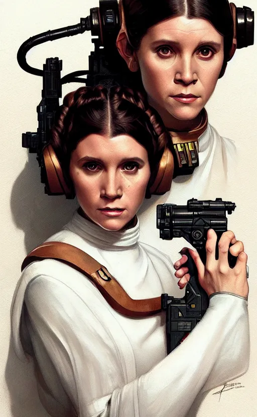 Image similar to portrait of princess leia, starwars, pistol, upper body, fantasy, intricate, elegant, highly detailed, digital painting, artstation, concept art, smooth, sharp focus, illustration, art by artgerm and greg rutkowski and alphonse mucha