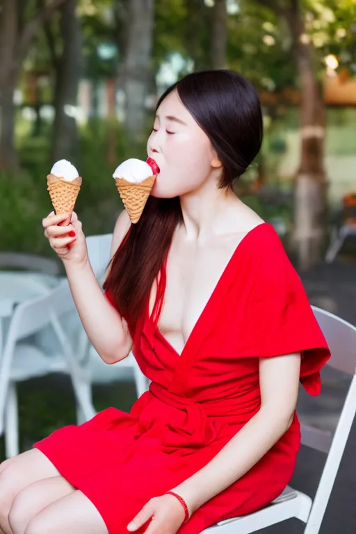 Image similar to photo, young woman eating ice cream, sitting on a chair, red dress, high heels, japanese kimono