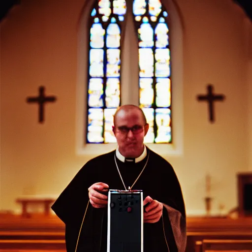 Prompt: a priest in a church holding up a nintendo gamecube, cinematic, close up shot, 35mm film, color