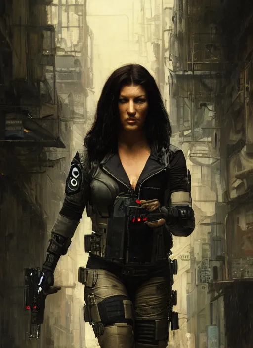 Image similar to gina carano. cyberpunk mercenary in a military vest ( blade runner 2 0 4 9, cyberpunk 2 0 7 7 ). orientalist portrait by john william waterhouse and james gurney and theodore ralli and nasreddine dinet, oil on canvas. cinematic, hyper realism, realistic proportions, dramatic lighting, high detail 4 k