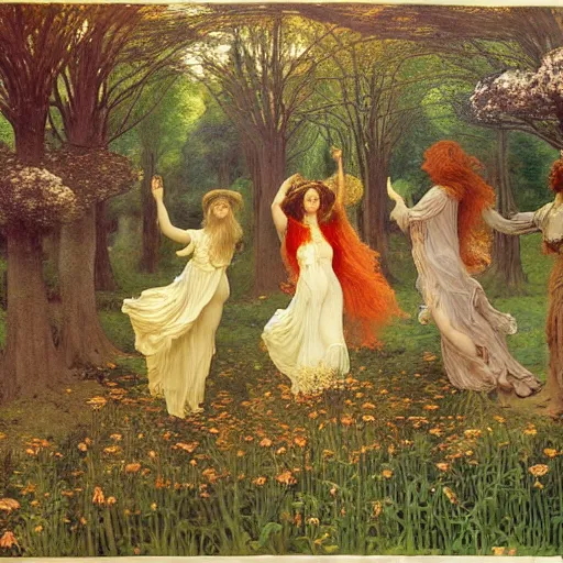 Prompt: preraphaelite 7 0 s hippies dancing in a mushroom flower forest, ritual summoning demon, flowing forms, smoke, flames fire, ultra wide angle, beautiful sky, highly detailed, william morris ford madox brown william powell frith frederic leighton john william waterhouse hildebrandt