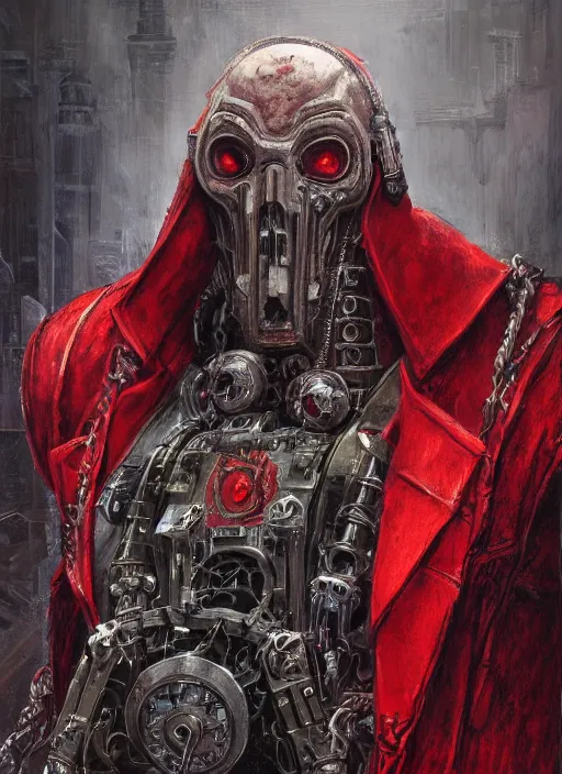 Image similar to portrait of rotten Nicolas Cage as adeptus mechanicus in red hood and robe from Warhammer 40000. Highly detailed, artstation, illustration by and John Blanche and zdislav beksinski and wayne barlowe