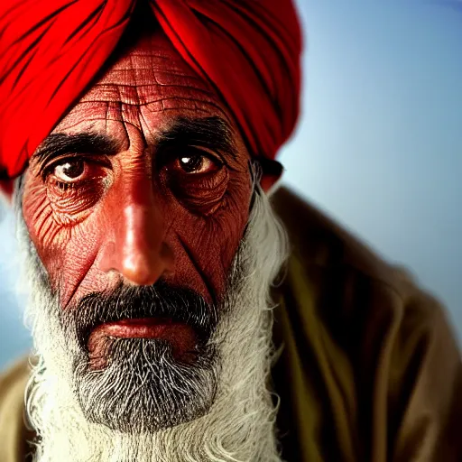 Image similar to portrait of woodrow wilson as afghan man, green eyes and red turban looking intently, photograph by steve mccurry