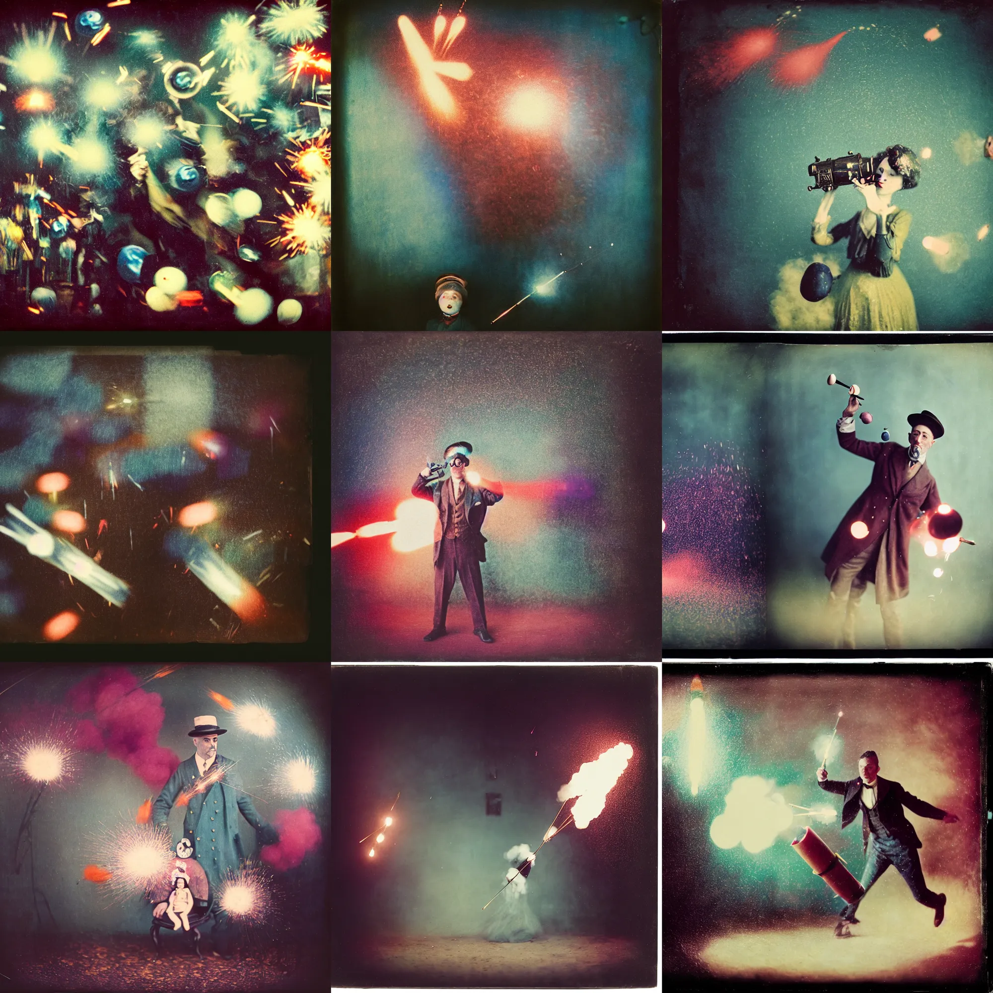 Image similar to kodak portra 4 0 0, wetplate, muted colours, blueberry, 1 9 1 0 s style, motion blur, portrait photo of a backdrop, explosions, rockets, sparkling, by georges melies and by britt marling