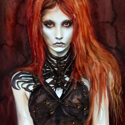 Image similar to watercolor art on paper, scorpio girl portrait gothic, highly detailed, artstation, masterpiece, award - winning