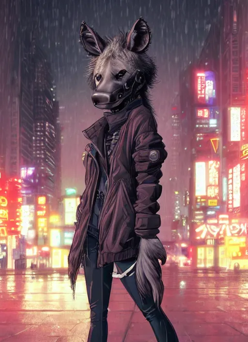 Image similar to character portrait of a female anthro hyena fursona with a cute beautiful attractive furry face and long black curly hair wearing a police bomber jacket in a cyberpunk city at night while it rains. hidari, color page, tankoban, 4K, tone mapping, Akihiko Yoshida.