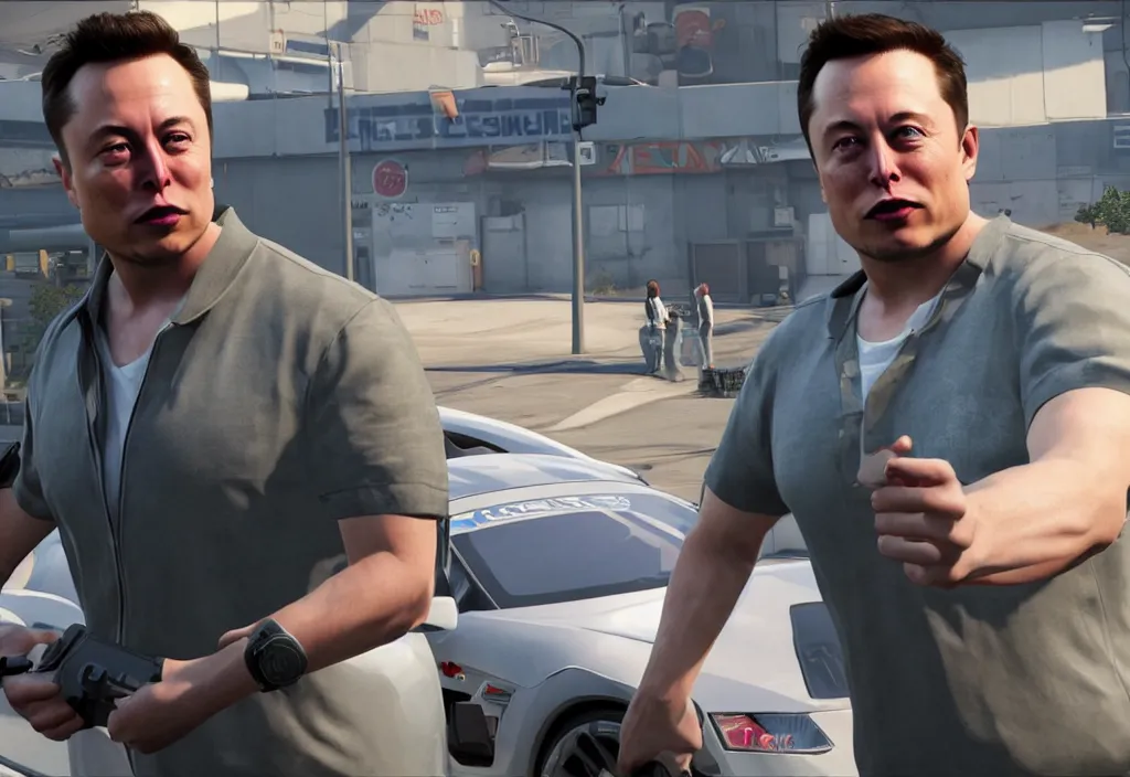 Image similar to elon musk in the video game in gta 5, gameplay screenshot, close up, 3 d rendering. unreal engine. amazing likeness. very detailed.