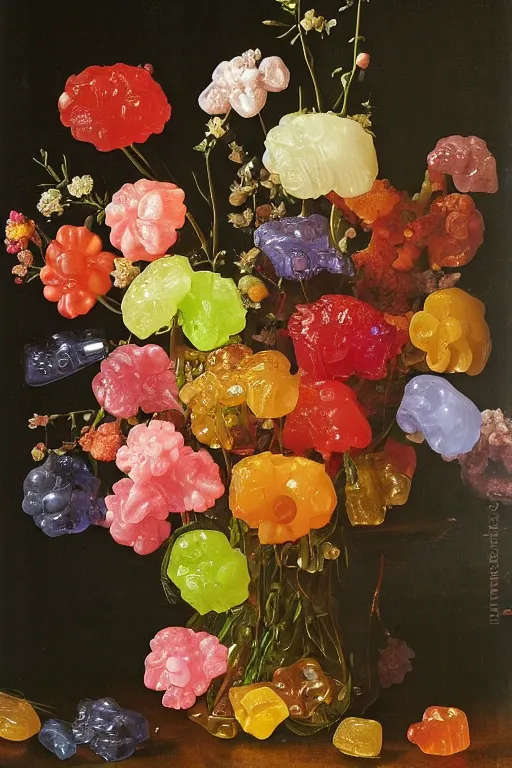 Image similar to still life of a bouquet of soft gummy bears and jelly beans in the shape of different gummy flowers, delicious rubbery transparent translucent squishy gummy sweets, soft gummy light, highly detailed, close up, northern renaissance