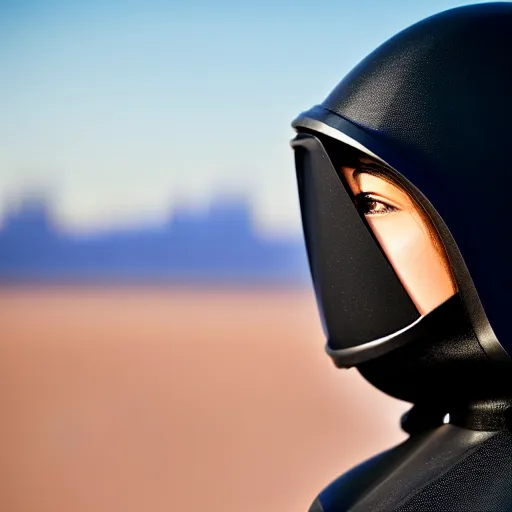 Image similar to photograph of a techwear woman, closeup, on a desert road with a futuristic city in the horizon, sigma 85mm f/1.4, 4k, depth of field, high resolution, 4k, 8k, hd, full color