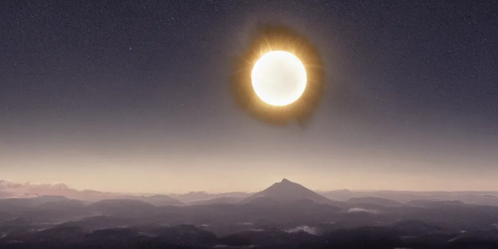 Image similar to a giant in the distance, a solar eclipse in the sky