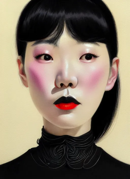 Image similar to portrait of a korean woman with a crooked nose and a confident expression, 1 9 6 0 s, black clothes, goth, punk, brightly coloured hair, funk, intricate, elegant, highly detailed, digital painting, artstation, concept art, smooth, sharp focus, illustration, art by wlop, mars ravelo and greg rutkowski