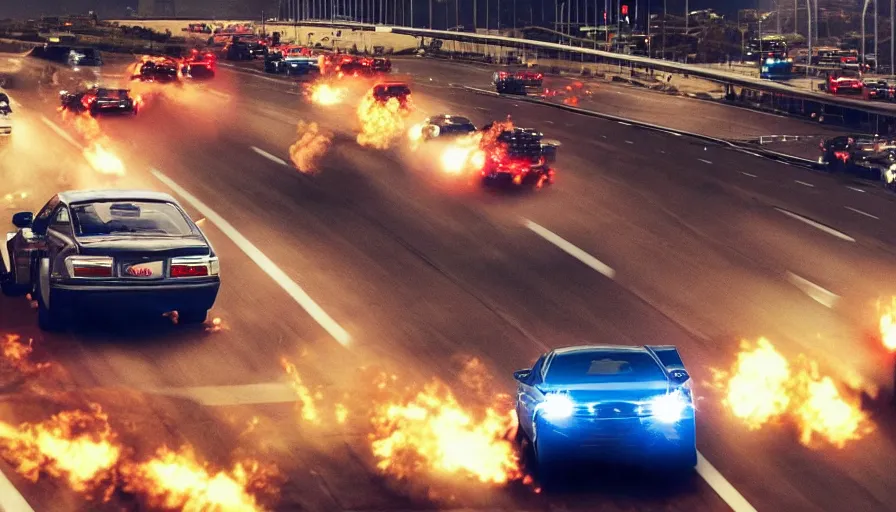Prompt: A car chase down a busy highway, cinematic, action packed, imax, michael bay movie