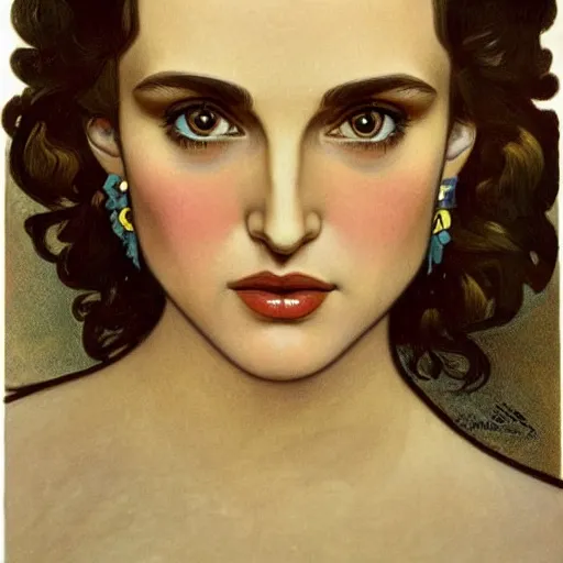 Image similar to a stylized closeup portrait of a young natalie portman, hair in arabesque forms, art nouveau, jugendstil, decorative background, painted by alphonse mucha