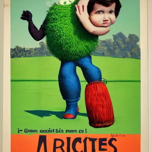 Prompt: french advertising with a green monster child standing with a big round head and a grass texture. logo in the background. technicolor, 5 0 mm, nikon, 1 / 6 sigma