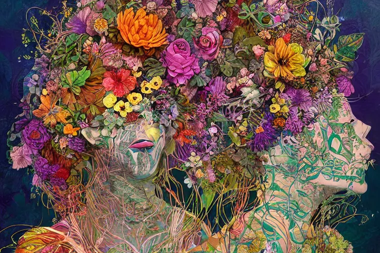 Prompt: a painting of a creature with a lot of flowers and plants on its head, poster art by android jones, behance contest winner, generative art, made of flowers, grotesque, concert poster