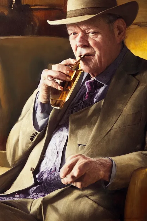 Image similar to still from tv show, retired barney, sitting in a lounge, sipping whiskey and smoking a cigar, oil on canvas, intricate, portrait, 8 k highly professionally detailed, hdr, cgsociety