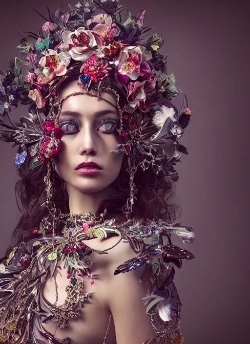 Prompt: full body environmental portrait photo of heart evanglista, ornate headpiece made from flowers, ornaments, glamour shot by gemmy woud - binnendijk, chris knight, photorealistic, canon r 3, fashion photography, ornate, symmetrical features, octane render, unreal engine, solid dark background, clamp shell lighting, rim lighting