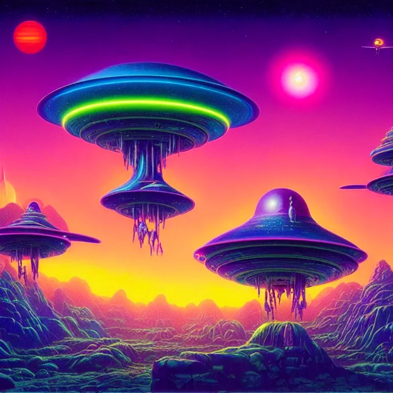 Prompt: mysterious ufo dieties hovering over magical crystal temple, psychic waves, synthwave, bright neon colors, highly detailed, cinematic, tim white, michael whelan, roger dean, bob eggleton, lisa frank, vladimir kush, kubrick, kimura, isono