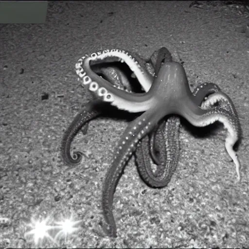 Image similar to a scary octopus caught on trailcam nightvision footage camera, grainy low quality