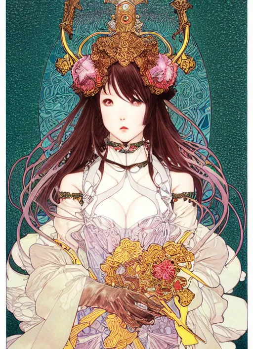 Prompt: highly detailed artgerm artstation minaba hideo fantastic fate katsuhiro otomo manga poster of dressed princess mechine, minaba hideo, alphonse mucha, long hair, armor, laces, ruffles, 8 k, fluorescent, maximalist, jump comics, art nouveau, takato yamamoto