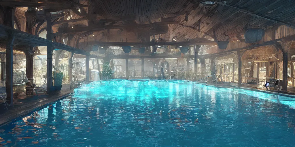 Image similar to Intricate detailed illustration, Swimming pool completely full of baked beans, cinematic lighting, by Philip Hood, wide angle, volumetric light scattering, 8k, artstation, concept art,