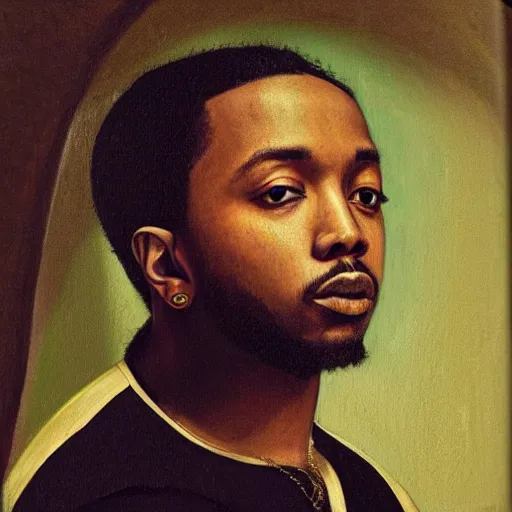 Image similar to a renaissance style portrait painting of kendrick lamar