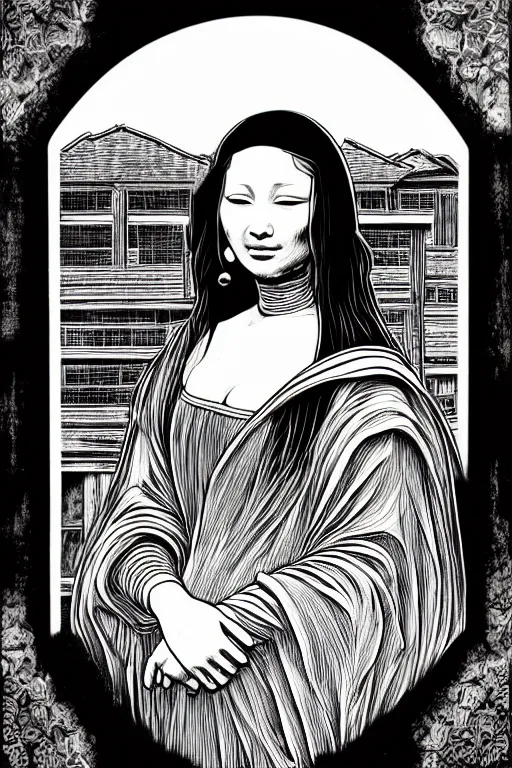 Image similar to beautiful portrait of a woman, negative no not mona lisa pose, highly detailed ink illustration of a dark alley of taipei, b & w clean shaped illustration by kim jung gi, ric estrada, ron english and eiichiro oda