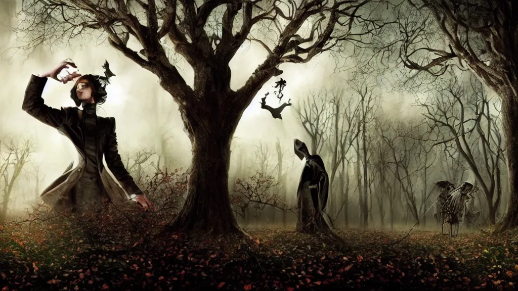 Prompt: movie still from the legend of sleepy hollow themed surrealist art in the styles of igor morski, jim warren, and a tim burton film, intricate, hyperrealistic, volumetric lighting