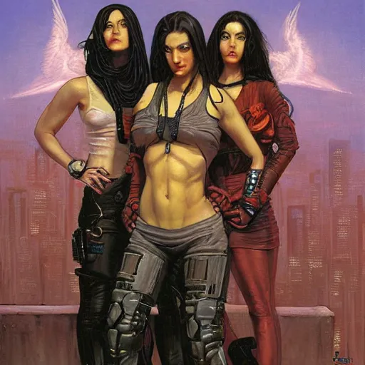 Prompt: portrait of three cyberpunk female outlaws, by gerald brom