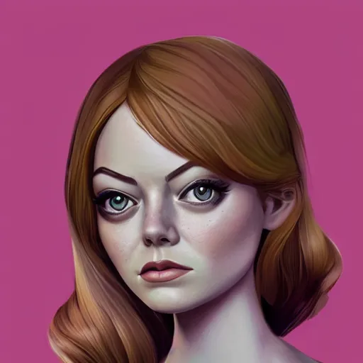 Prompt: emma stone portrait, cartoon face, doll face, glam, character art, digital illustration, big eyes, triangular face, semirealism, ealistic shaded perfect face, fine details, realistic shaded lighting, poster by vince ruz and samdoesarts and sam yang