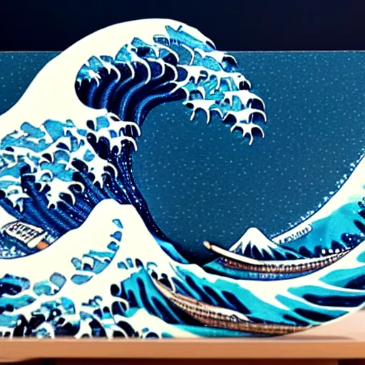 Image similar to a white and blue sculpture of The Great Wave off Kanagawa on a table