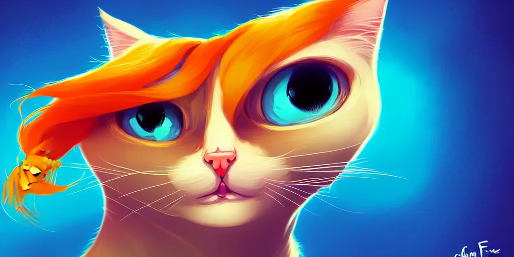 Image similar to curved perspective, extreme narrow, extreme fisheye, digital art of a female cat with ginger hairstyle with blue flower in her hair by anton fadeev from nightmare before christmas